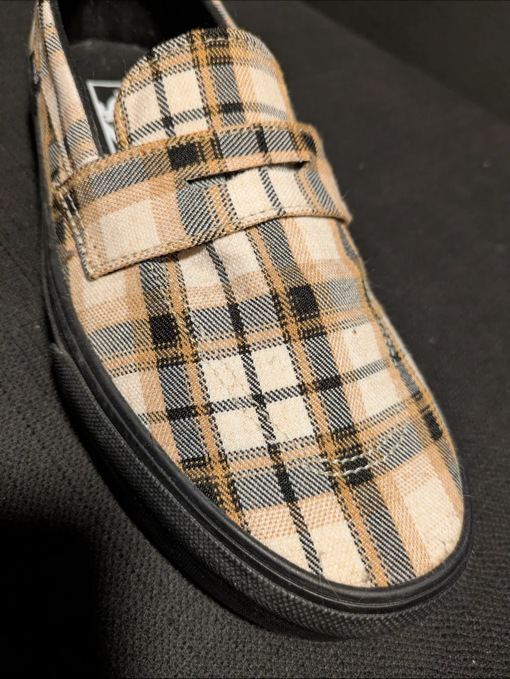 Vans Women’s Plaid Slip-On Loafers in Beige and Black